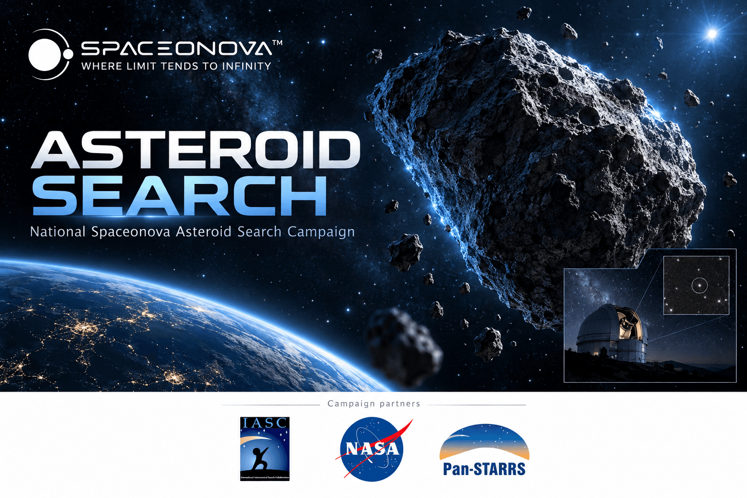Asteroid search campaign banner with IASC, NASA and Pan-STARRS partner logos