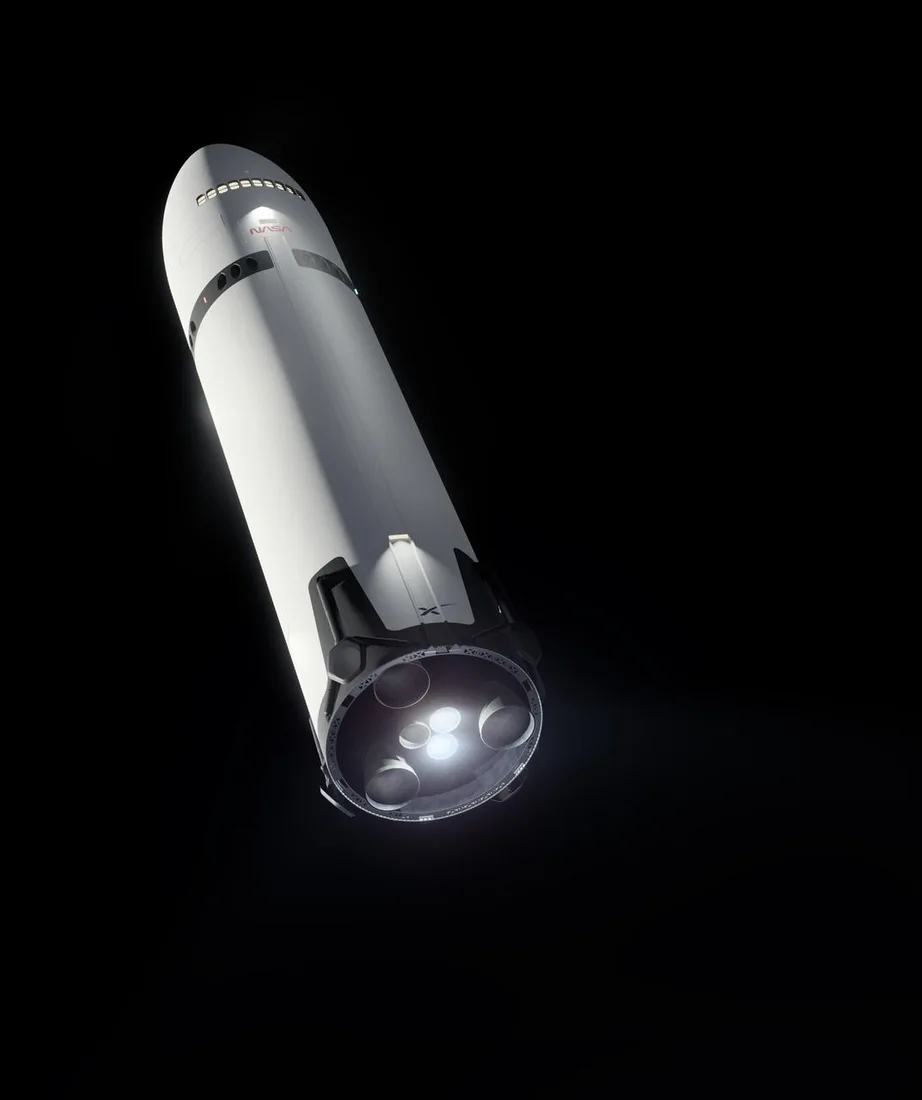 Artist's concept of a Starship lunar lander firing its engines above the Moon